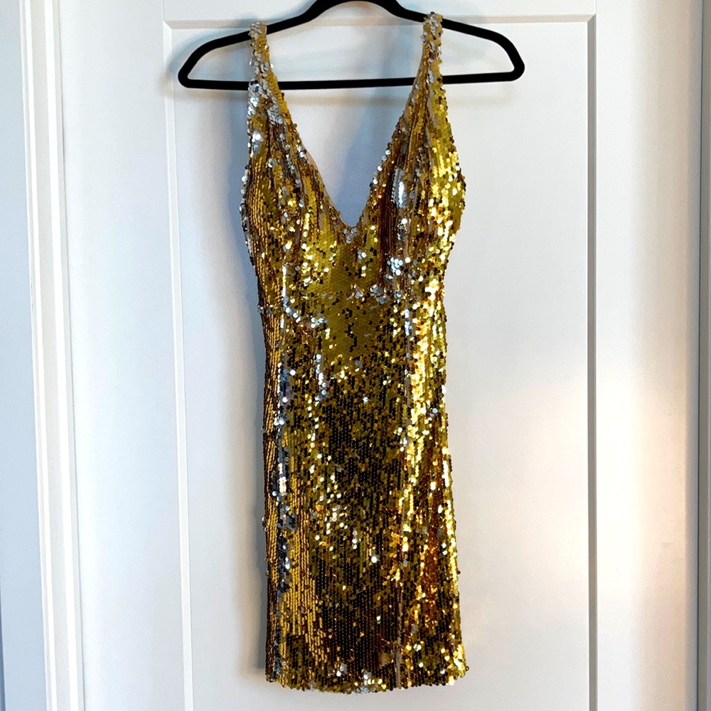 PINK HORSES DESIGN. Gold and Silver Sequin Mini Dress with Open Back. Size M